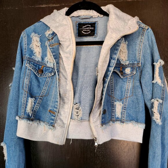 American Bazi cropped Jean Jacket with Sweatshirt trim and Hoodie - M - Picture 1 of 7